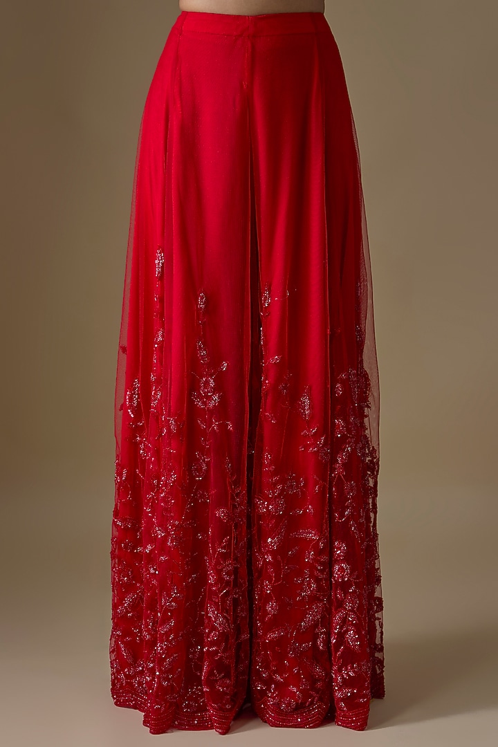Red Organza Hand & Machine Embroidered Bridal Sharara Set by Kalighata at Pernia's Pop Up Shop