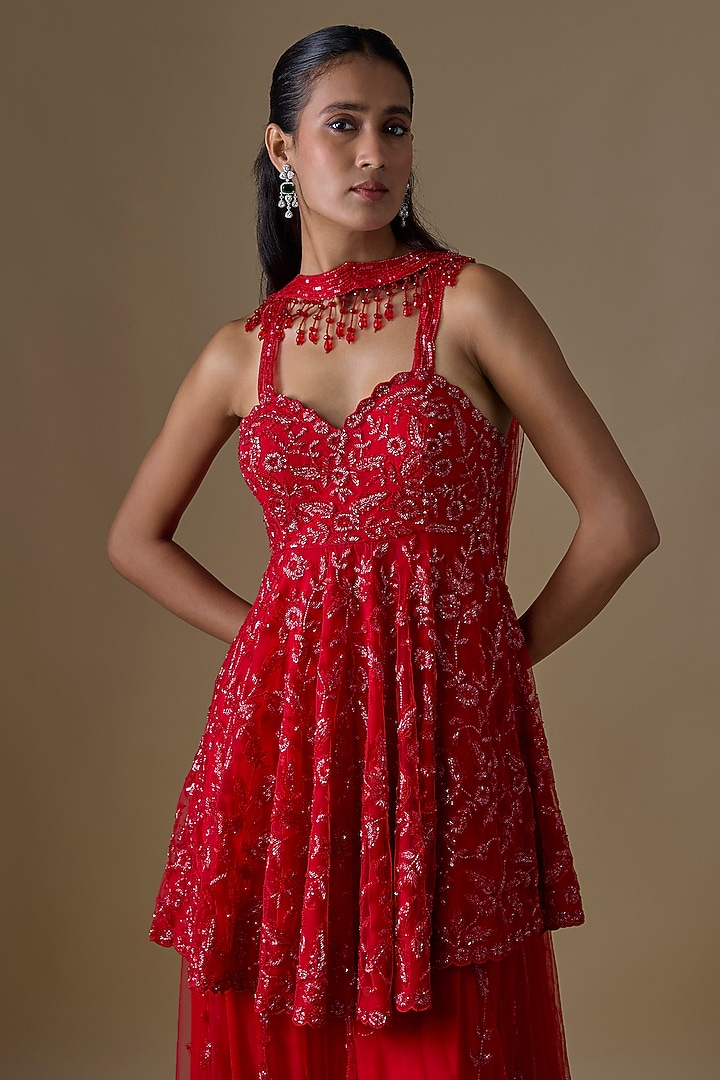 Red Organza Hand & Machine Embroidered Bridal Sharara Set by Kalighata at Pernia's Pop Up Shop
