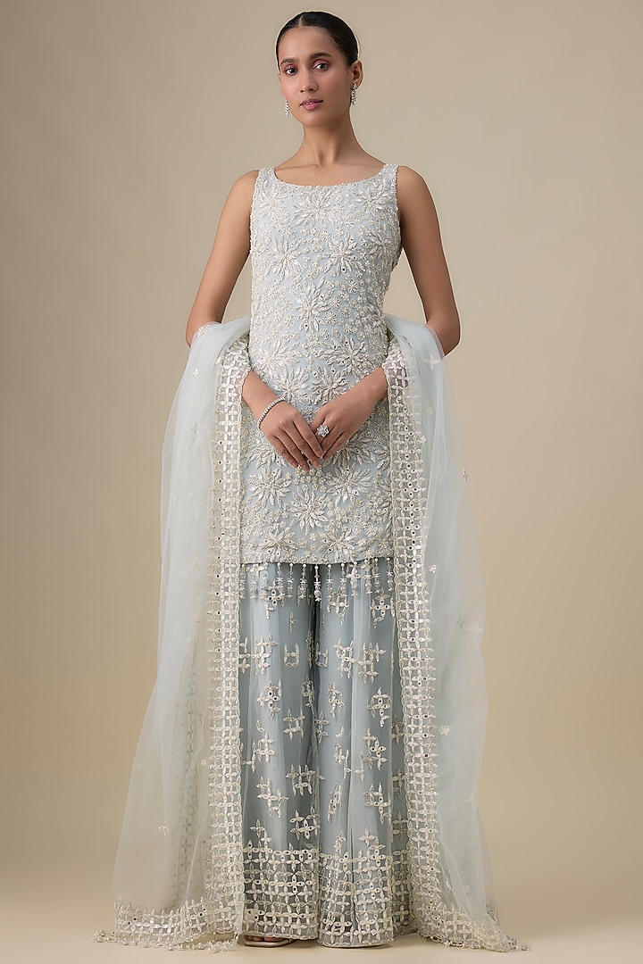 Powder Blue Net Sequins Embroidered Wedding Sharara Set by Kalighata at Pernia's Pop Up Shop
