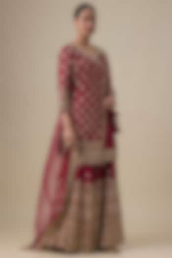 Maroon Chanderi Silk Zardosi Embroidered Bridal Sharara Set by Kalighata at Pernia's Pop Up Shop