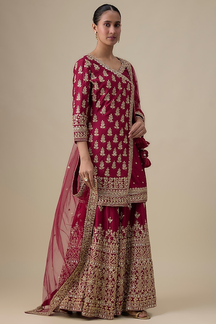 Maroon Chanderi Silk Zardosi Embroidered Bridal Sharara Set by Kalighata at Pernia's Pop Up Shop