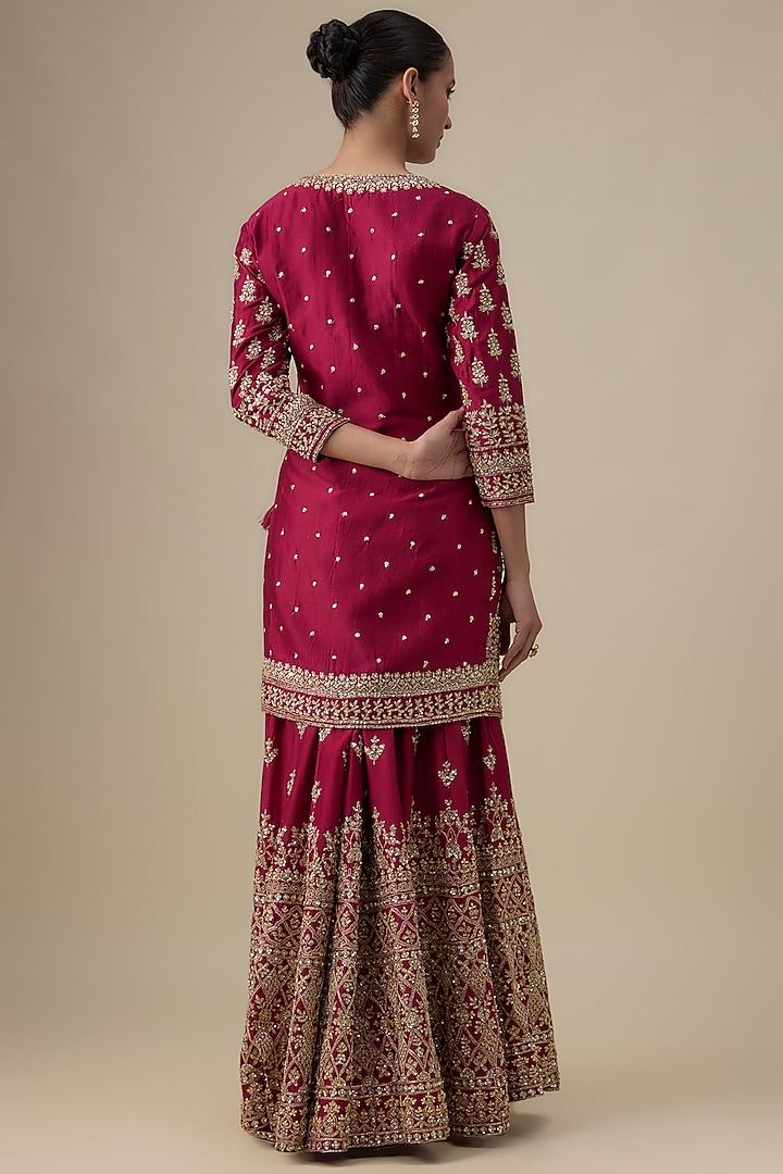Maroon Chanderi Silk Zardosi Embroidered Bridal Sharara Set by Kalighata at Pernia's Pop Up Shop