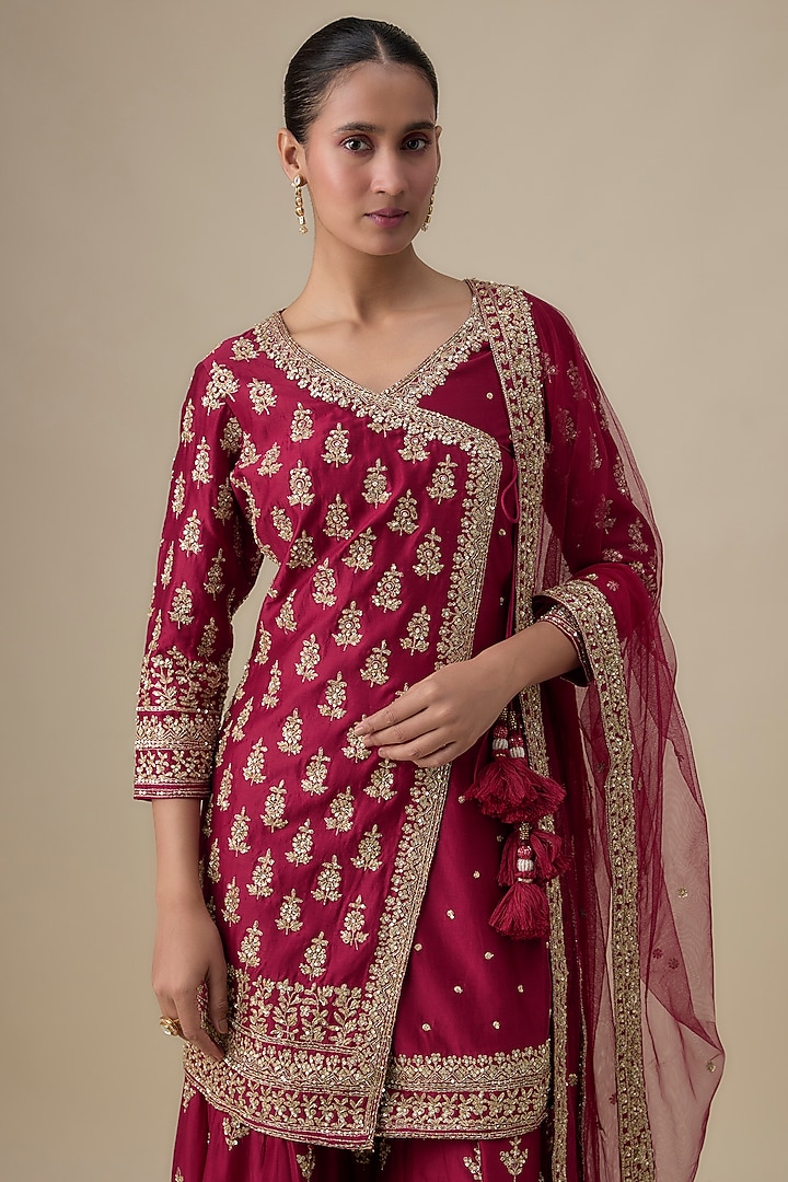 Maroon Chanderi Silk Zardosi Embroidered Bridal Sharara Set by Kalighata at Pernia's Pop Up Shop