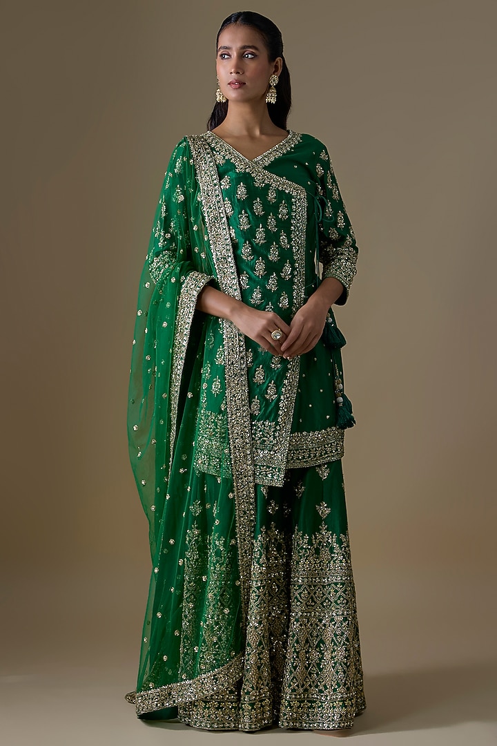 Green Chanderi Silk Zardosi Embroidered Bridal Sharara Set by Kalighata at Pernia's Pop Up Shop