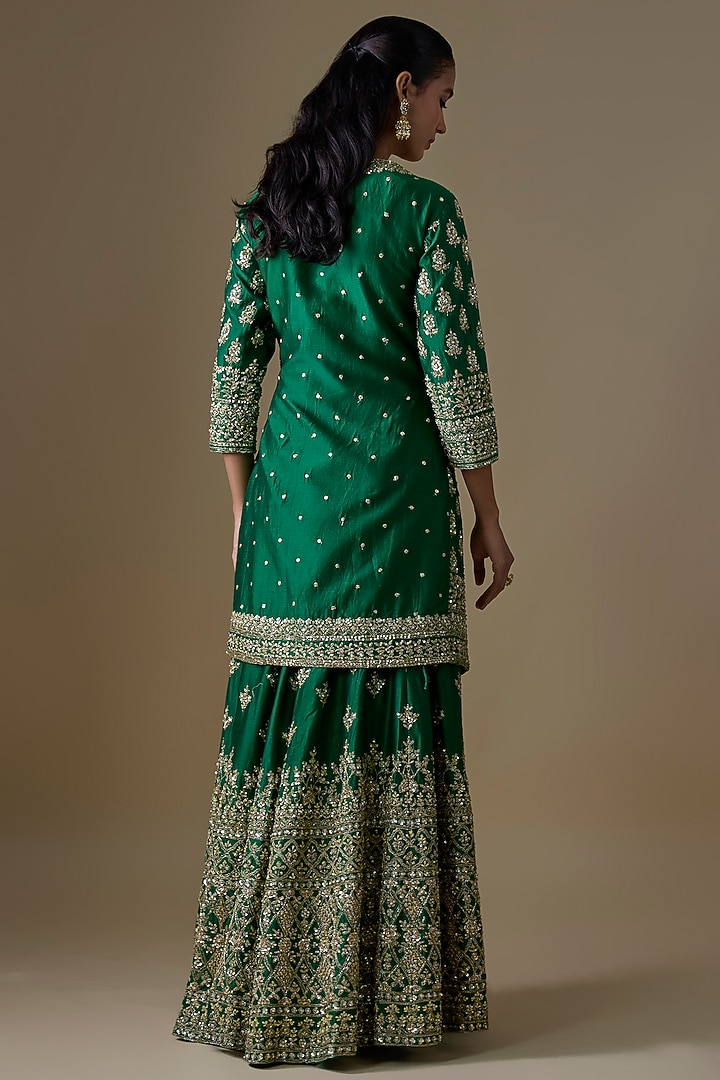 Green Chanderi Silk Zardosi Embroidered Bridal Sharara Set by Kalighata at Pernia's Pop Up Shop