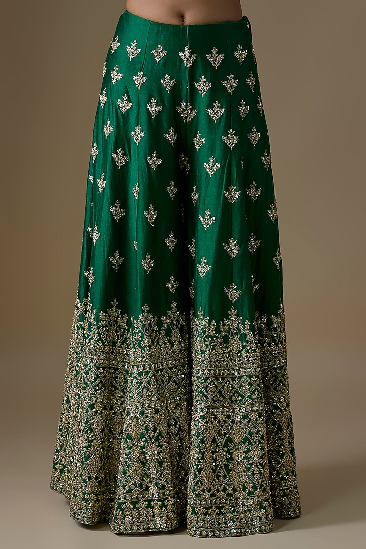 Green Chanderi Silk Zardosi Embroidered Bridal Sharara Set by Kalighata at Pernia's Pop Up Shop