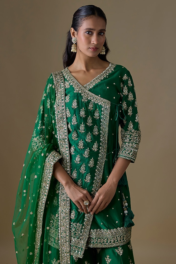 Green Chanderi Silk Zardosi Embroidered Bridal Sharara Set by Kalighata at Pernia's Pop Up Shop