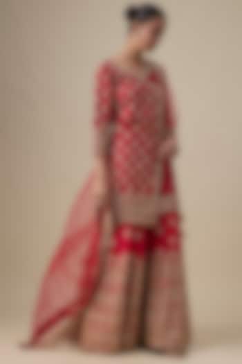 Red Chanderi Silk Zardosi Embroidered Bridal Sharara Set by Kalighata at Pernia's Pop Up Shop