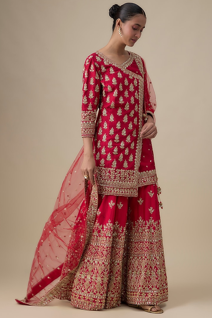 Red Chanderi Silk Zardosi Embroidered Bridal Sharara Set by Kalighata at Pernia's Pop Up Shop