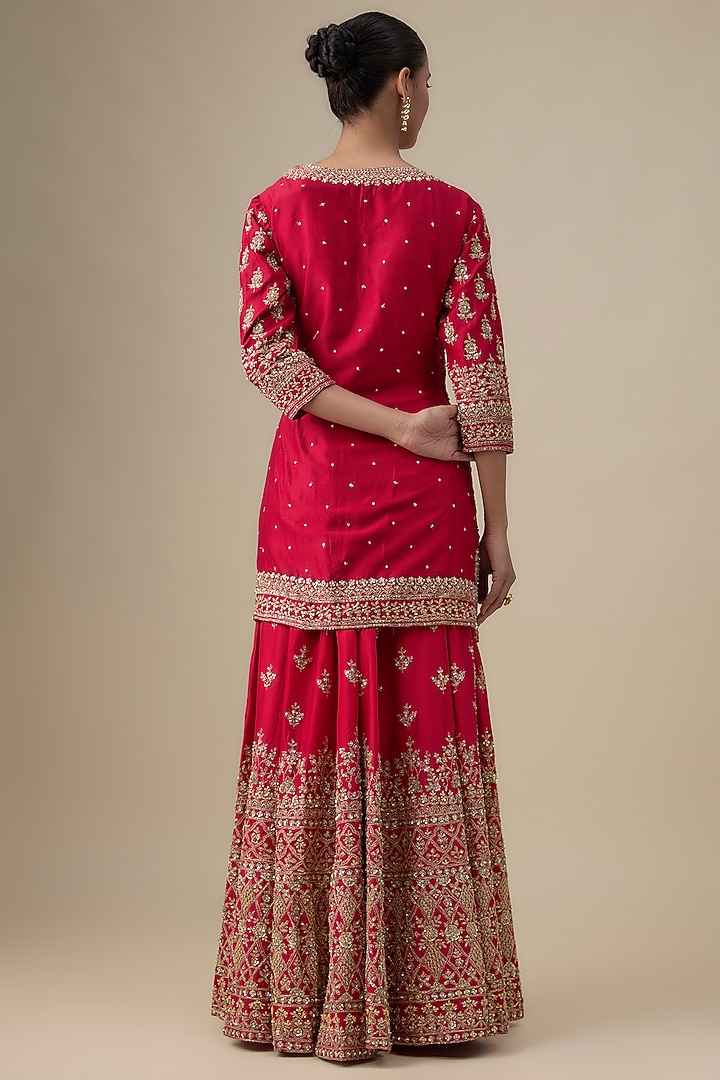 Red Chanderi Silk Zardosi Embroidered Bridal Sharara Set by Kalighata at Pernia's Pop Up Shop
