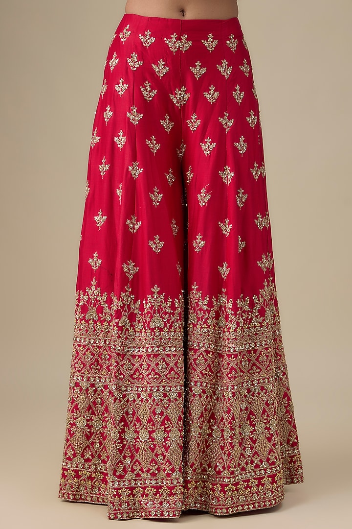 Red Chanderi Silk Zardosi Embroidered Bridal Sharara Set by Kalighata at Pernia's Pop Up Shop
