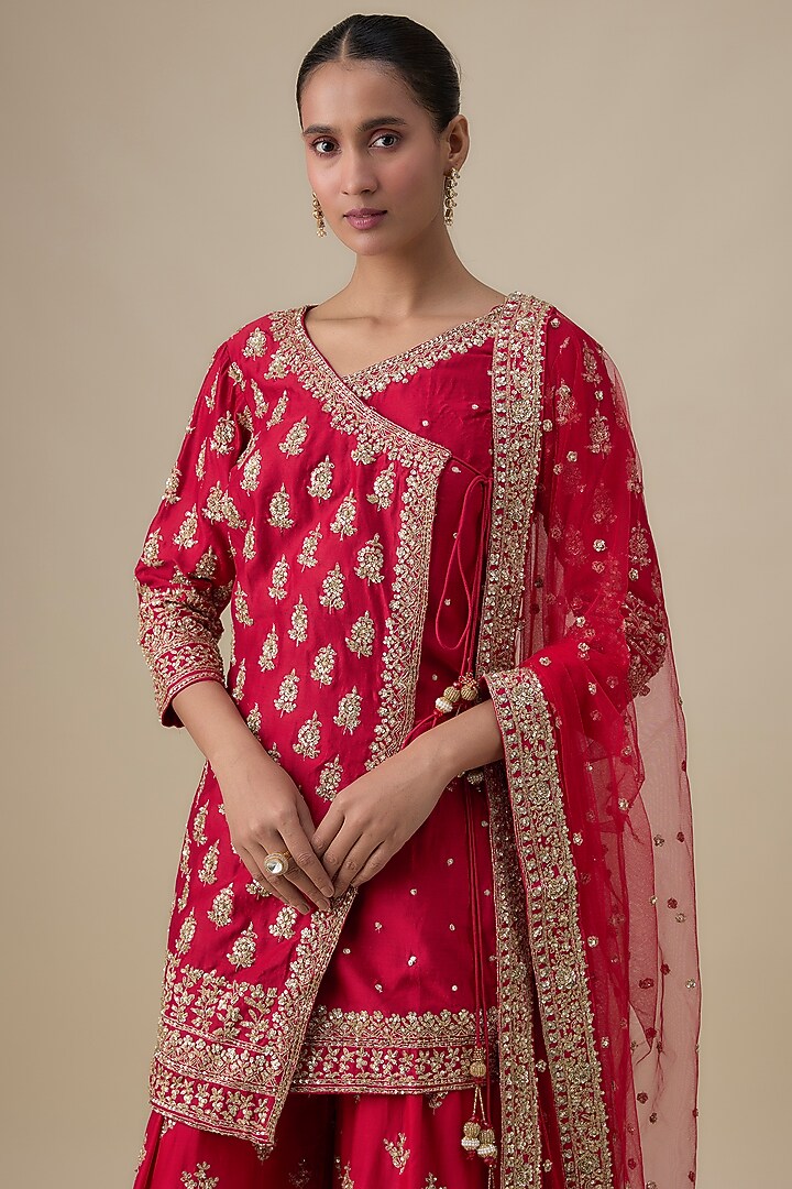 Red Chanderi Silk Zardosi Embroidered Bridal Sharara Set by Kalighata at Pernia's Pop Up Shop