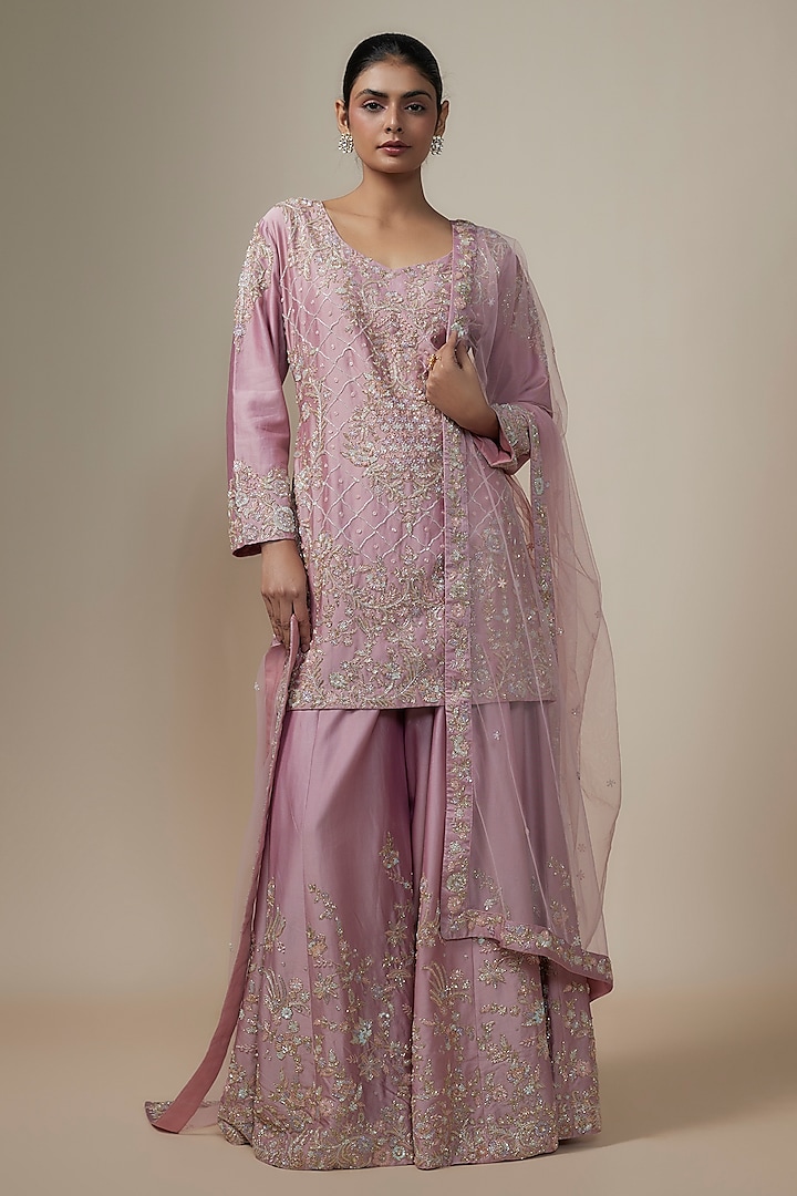 Mauve Chanderi Silk Aari & Zardosi Embroidered Sharara Set by Kalighata