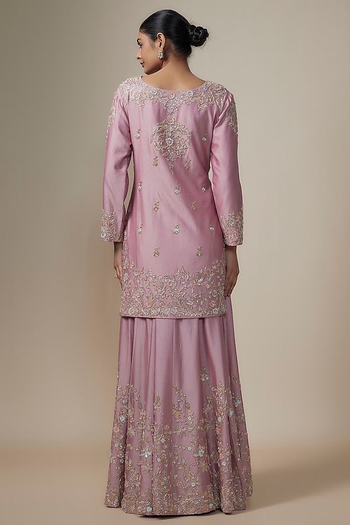 Mauve Chanderi Silk Aari & Zardosi Embroidered Bridal Sharara Set by Kalighata at Pernia's Pop Up Shop