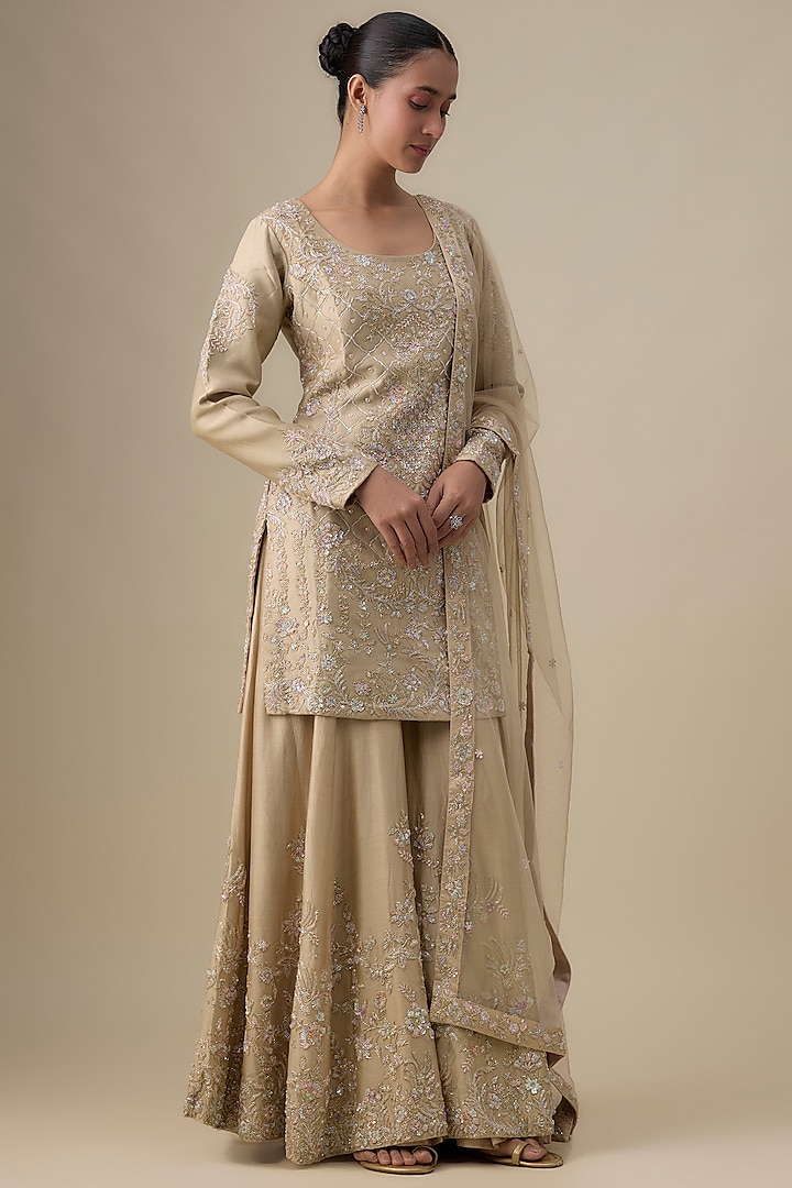 Gold Chanderi Silk Zardosi Embroidered Bridal Sharara Set by Kalighata at Pernia's Pop Up Shop