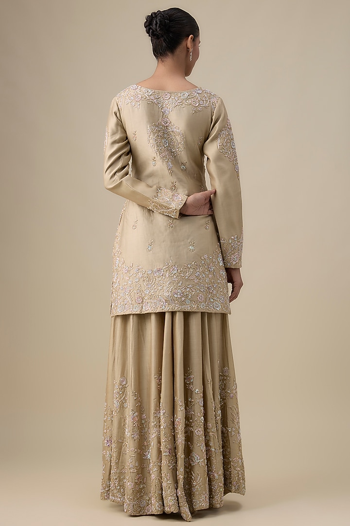Gold Chanderi Silk Zardosi Embroidered Bridal Sharara Set by Kalighata at Pernia's Pop Up Shop
