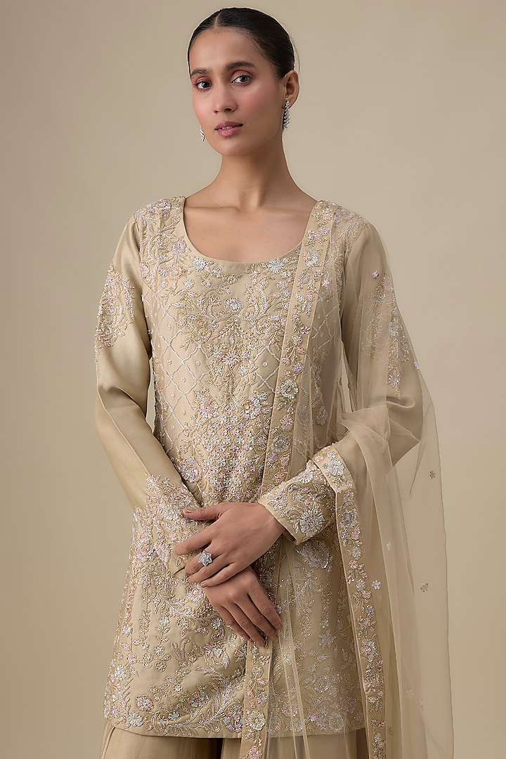 Gold Chanderi Silk Zardosi Embroidered Bridal Sharara Set by Kalighata at Pernia's Pop Up Shop