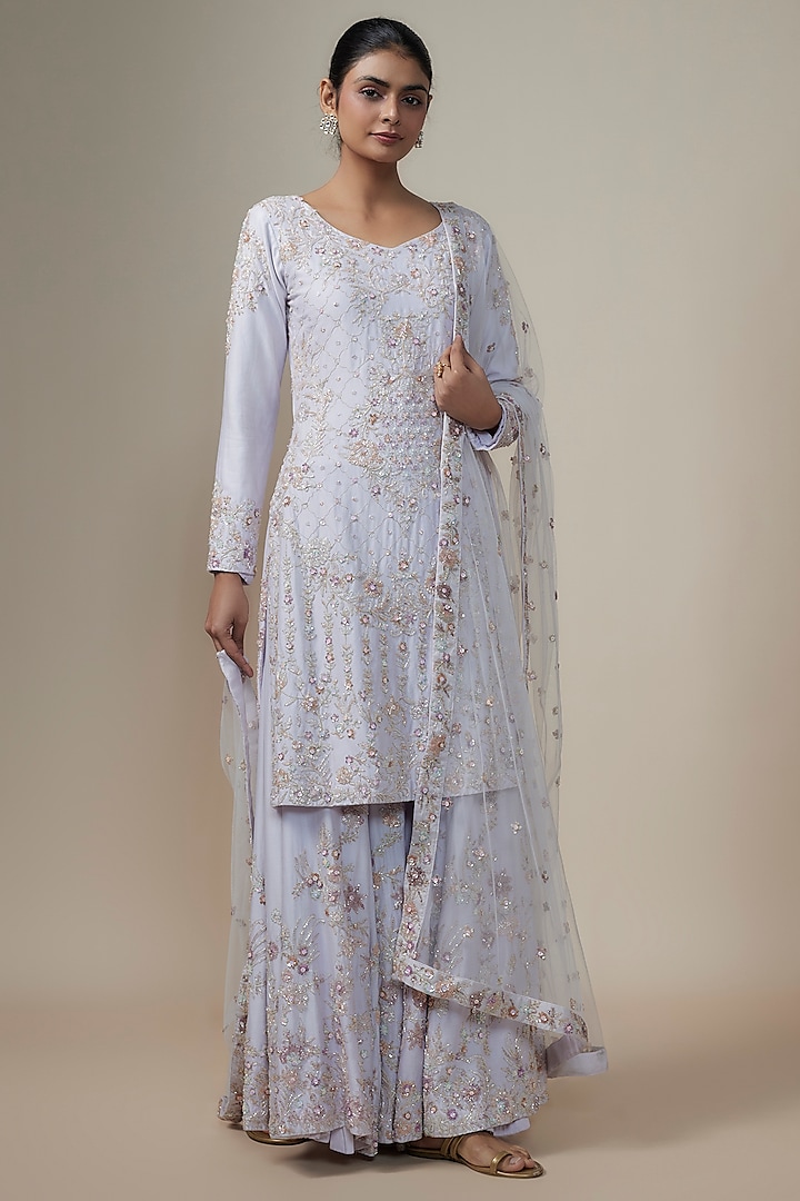 Ice Blue Chanderi Silk Aari & Zardosi Embroidered Sharara Set by Kalighata at Pernia's Pop Up Shop