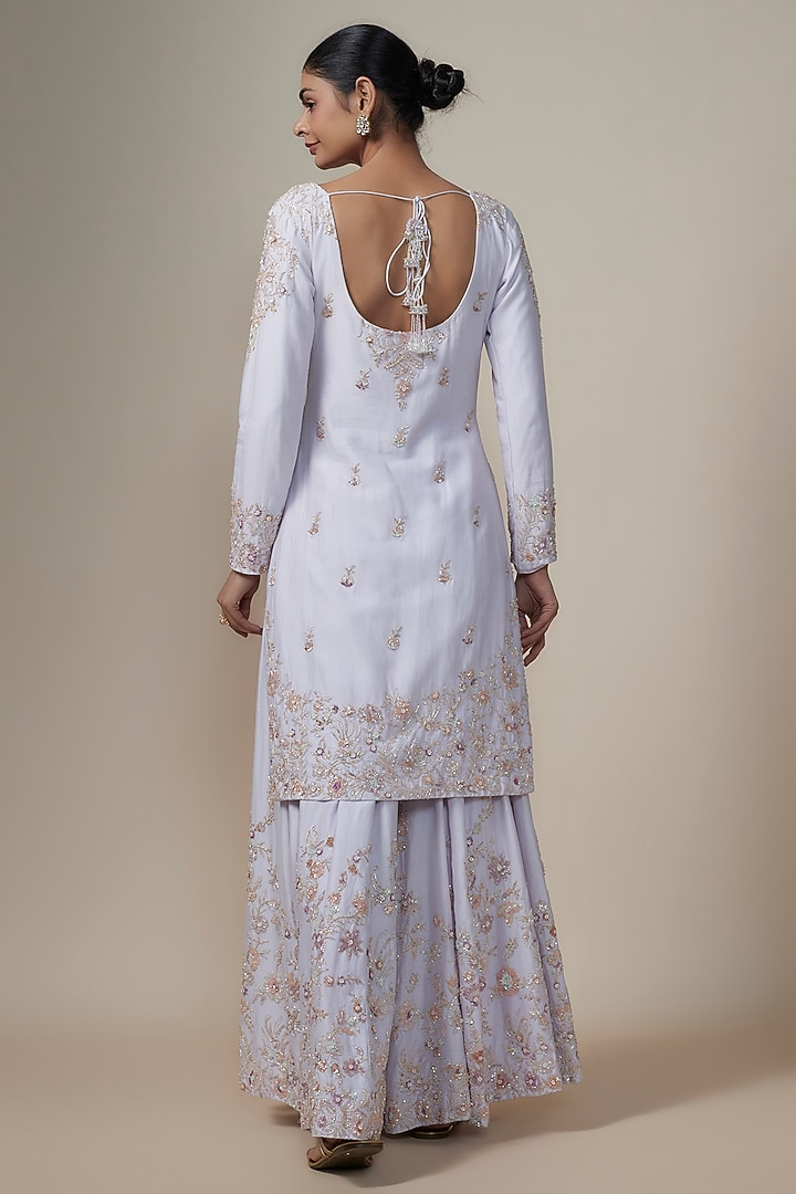 Ice Blue Chanderi Silk Aari & Zardosi Embroidered Bridal Sharara Set by Kalighata at Pernia's Pop Up Shop