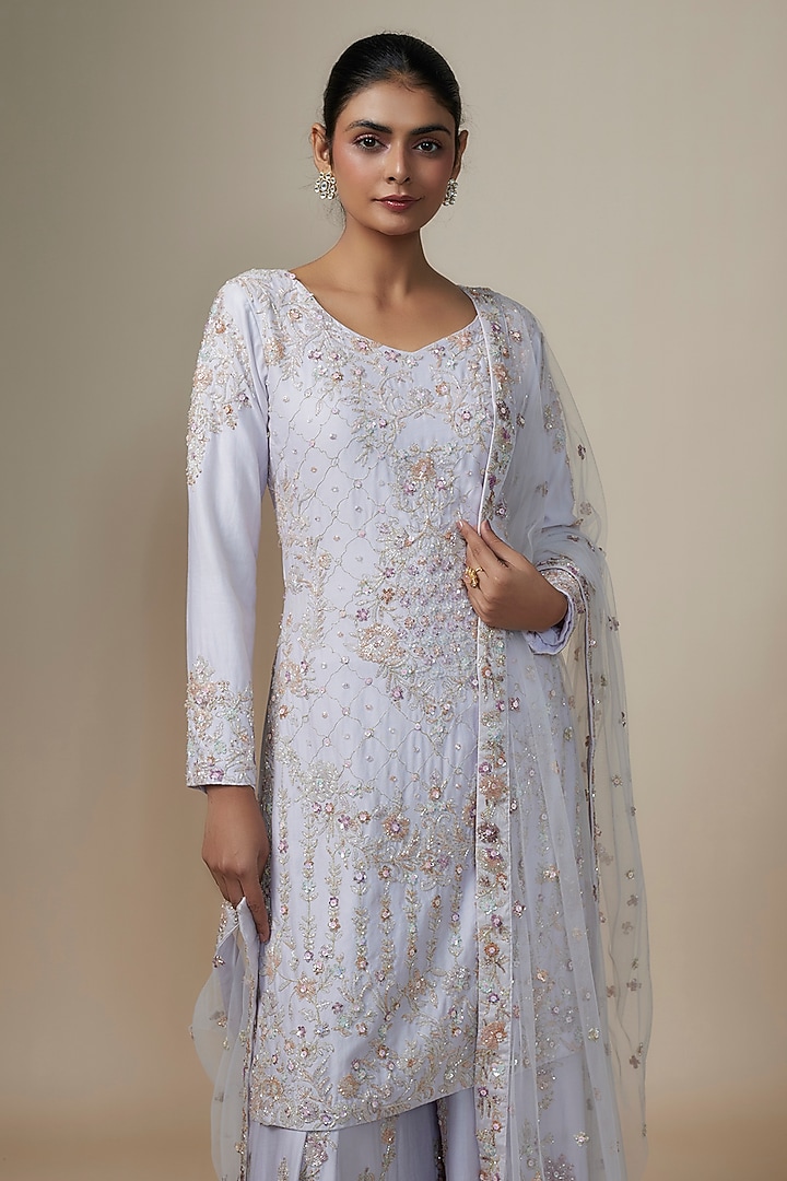 Ice Blue Chanderi Silk Aari & Zardosi Embroidered Bridal Sharara Set by Kalighata at Pernia's Pop Up Shop