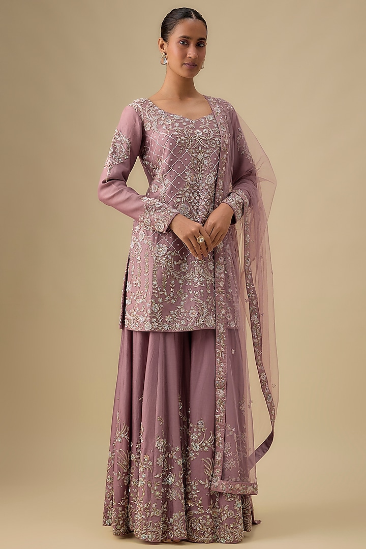 Pink Chanderi Silk Zardosi Embroidered Bridal Sharara Set by Kalighata at Pernia's Pop Up Shop