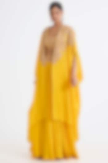 Yellow Habutai Silk Embroidered Cape Wedding Lehenga Set by Kalighata at Pernia's Pop Up Shop