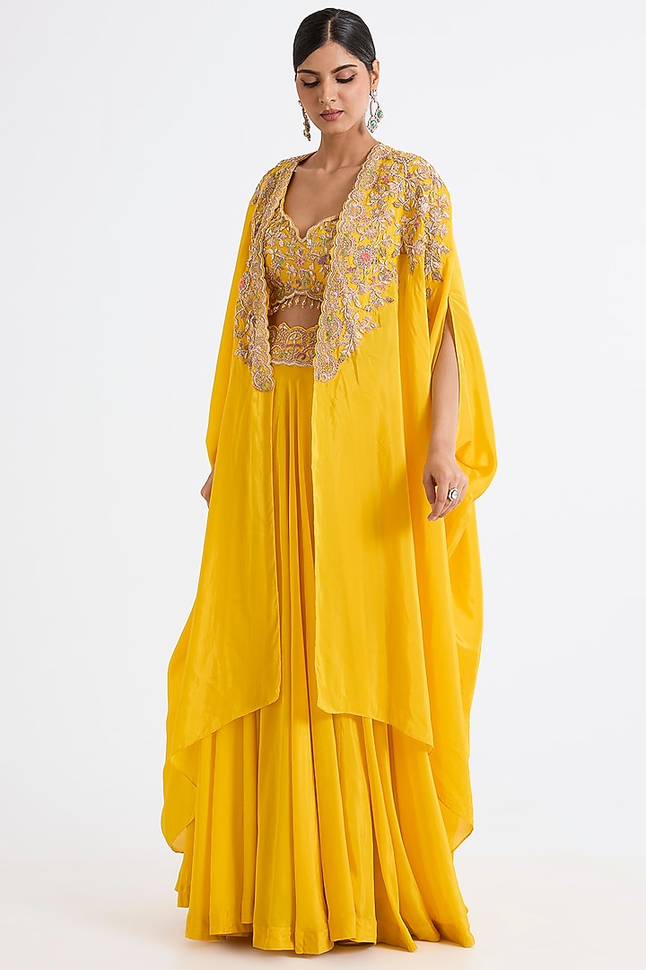 Yellow Habutai Silk Embroidered Cape Wedding Lehenga Set by Kalighata at Pernia's Pop Up Shop