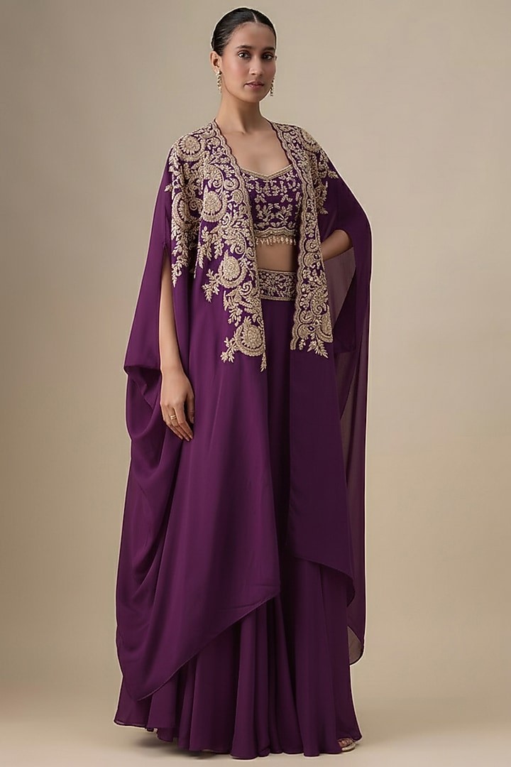 Purple Silk Hand & Machine Embroidered Cape Set by Kalighata at Pernia's Pop Up Shop