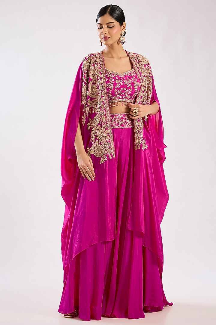 Rani Pink Raw Silk Embroidered Wedding Sharara Set by Kalighata at Pernia's Pop Up Shop