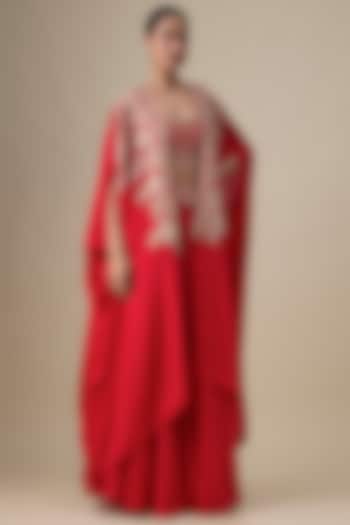 Red Habutai Silk Zardosi Embroidered Wedding Sharara Set by Kalighata at Pernia's Pop Up Shop