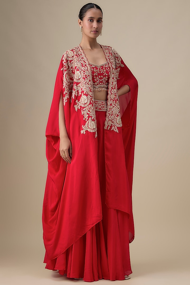 Red Habutai Silk Zardosi Embroidered Wedding Sharara Set by Kalighata at Pernia's Pop Up Shop