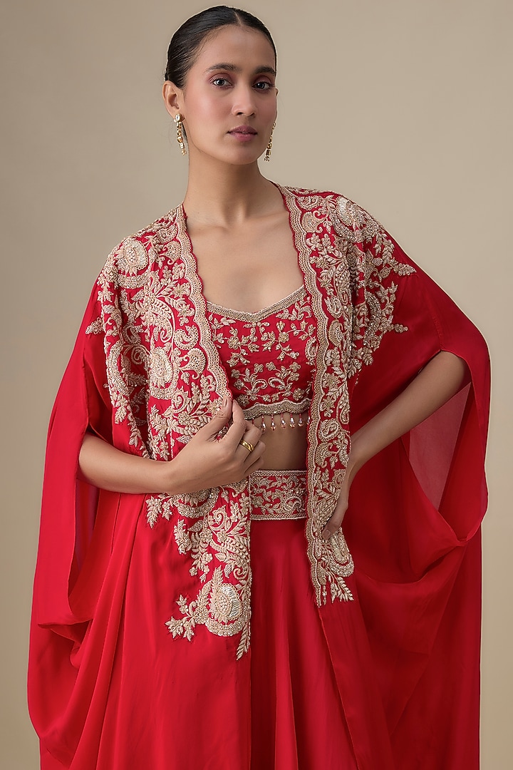 Red Habutai Silk Zardosi Embroidered Bridal Sharara Set by Kalighata at Pernia's Pop Up Shop