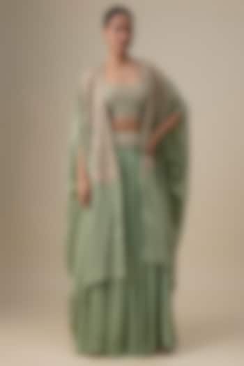 Olive Green Habutai Silk Aari & Zardosi Embroidered Wedding Sharara Set by Kalighata at Pernia's Pop Up Shop