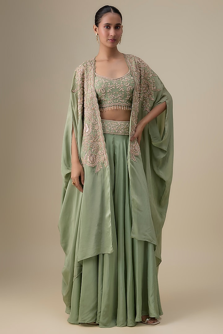 Olive Green Habutai Silk Aari & Zardosi Embroidered Wedding Sharara Set by Kalighata at Pernia's Pop Up Shop