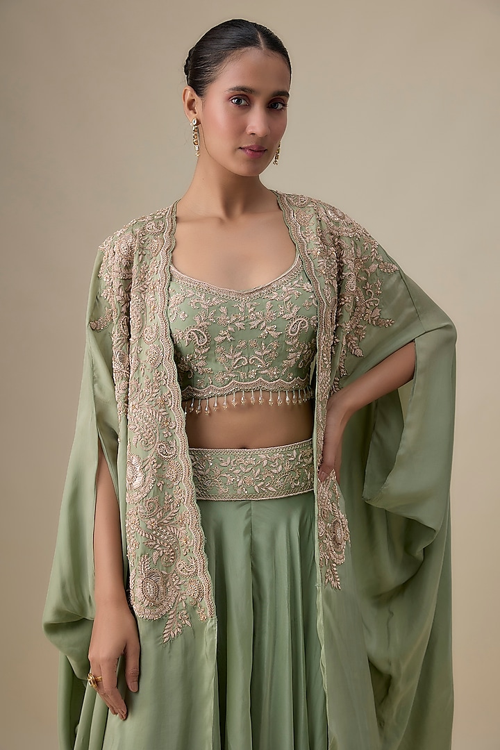 Olive Green Habutai Silk Aari & Zardosi Embroidered Bridal Sharara Set by Kalighata at Pernia's Pop Up Shop
