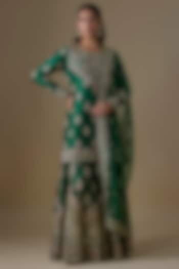 Green Chanderi Silk Zardosi Embroidered Bridal Sharara Set by Kalighata at Pernia's Pop Up Shop
