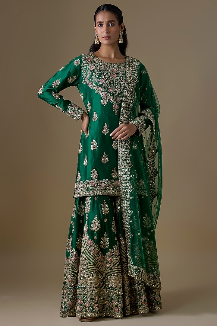 Green Chanderi Silk Zardosi Embroidered Bridal Sharara Set by Kalighata at Pernia's Pop Up Shop