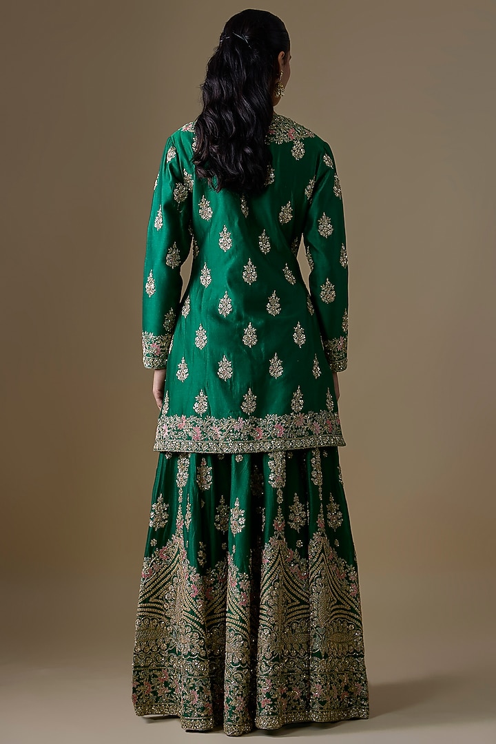 Green Chanderi Silk Zardosi Embroidered Bridal Sharara Set by Kalighata at Pernia's Pop Up Shop