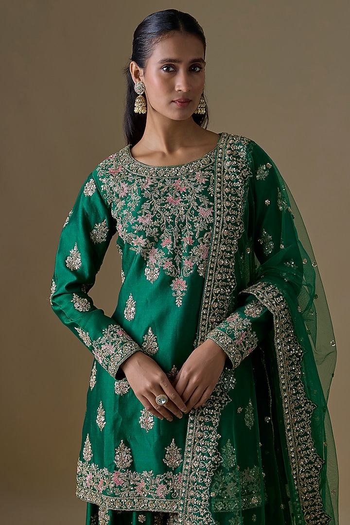 Green Chanderi Silk Zardosi Embroidered Bridal Sharara Set by Kalighata at Pernia's Pop Up Shop