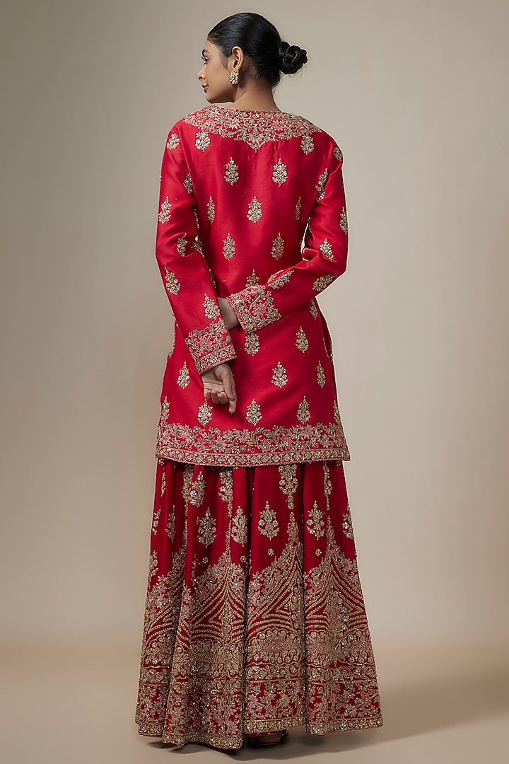 Red Chanderi Silk Aari & Zardosi Embroidered Bridal Sharara Set by Kalighata at Pernia's Pop Up Shop