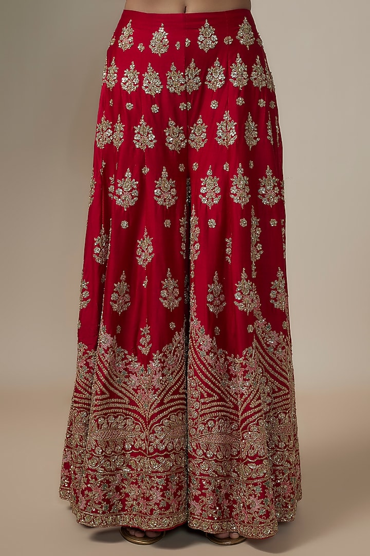 Red Chanderi Silk Aari & Zardosi Embroidered Bridal Sharara Set by Kalighata at Pernia's Pop Up Shop