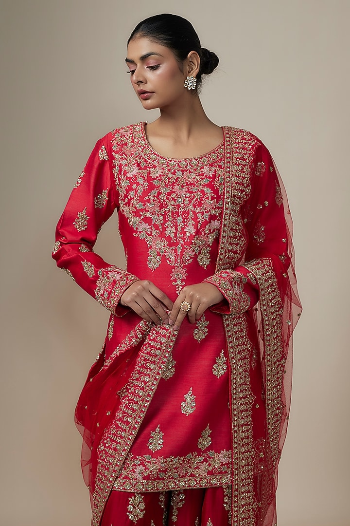 Red Chanderi Silk Aari & Zardosi Embroidered Bridal Sharara Set by Kalighata at Pernia's Pop Up Shop