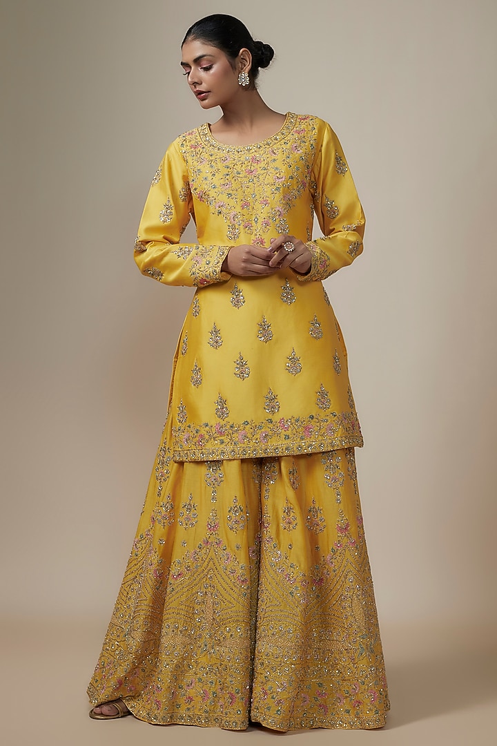 Mustard Chanderi Silk Aari & Zardosi Embroidered Bridal Sharara Set by Kalighata at Pernia's Pop Up Shop
