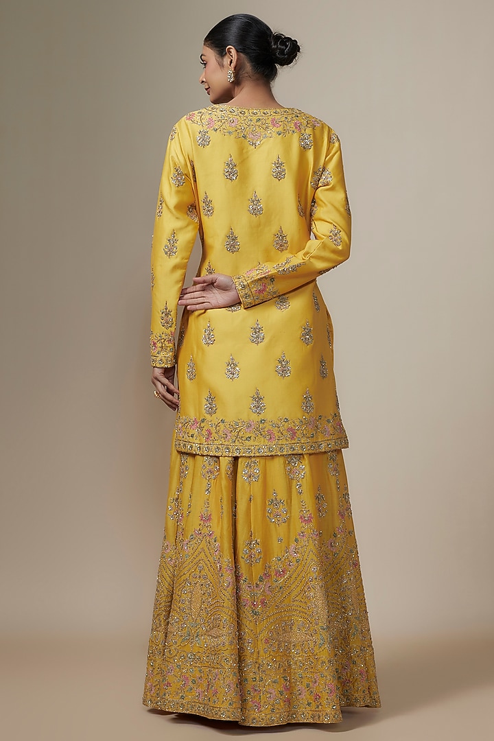 Mustard Chanderi Silk Aari & Zardosi Embroidered Bridal Sharara Set by Kalighata at Pernia's Pop Up Shop