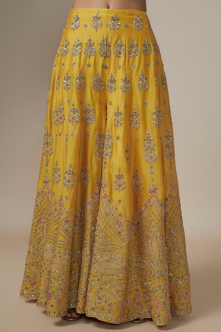 Mustard Chanderi Silk Aari & Zardosi Embroidered Bridal Sharara Set by Kalighata at Pernia's Pop Up Shop