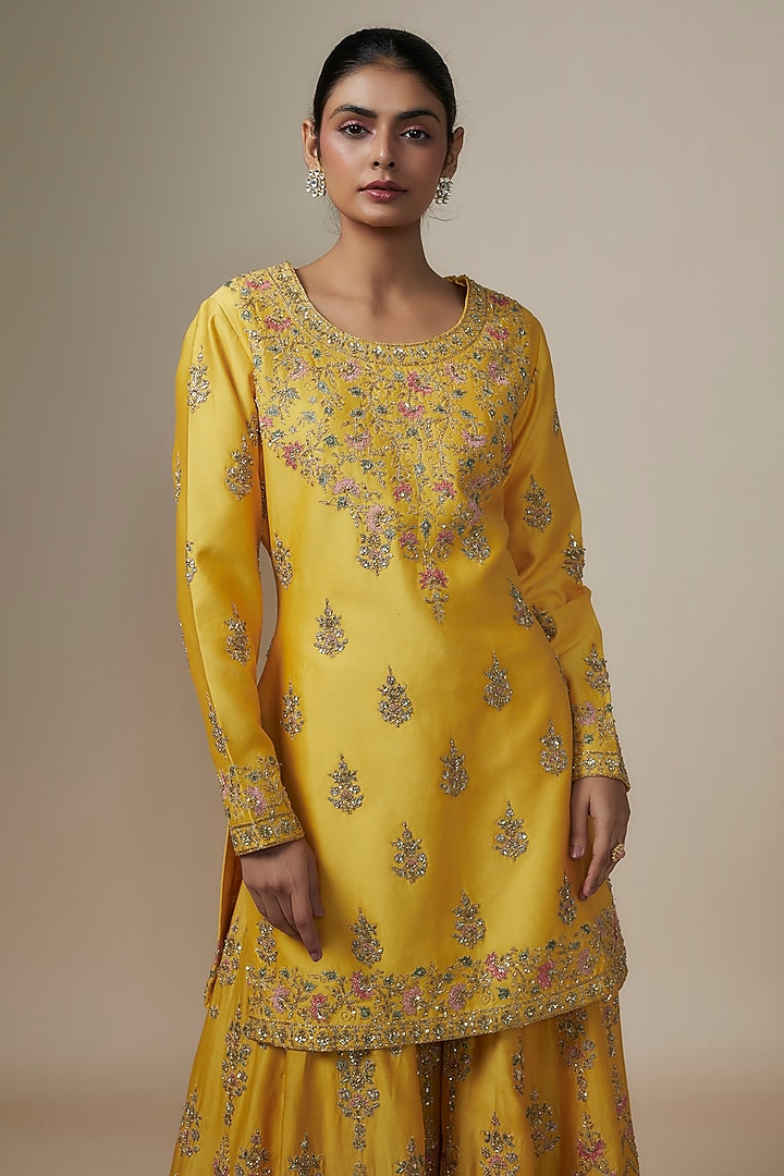 Mustard Chanderi Silk Aari & Zardosi Embroidered Bridal Sharara Set by Kalighata at Pernia's Pop Up Shop