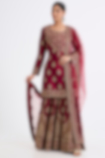 Wine Chanderi Silk Zardosi Embroidered Bridal Sharara Set by Kalighata at Pernia's Pop Up Shop