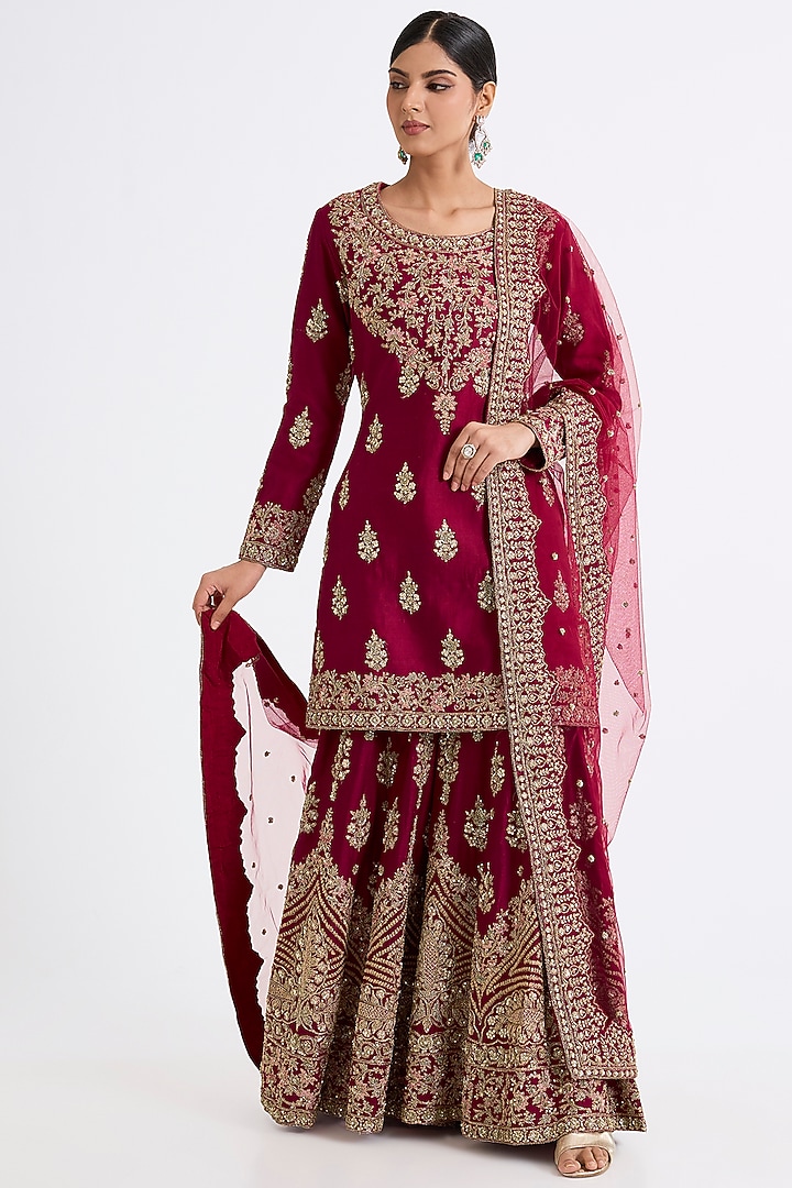 Wine Chanderi Silk Zardosi Embroidered Bridal Sharara Set by Kalighata at Pernia's Pop Up Shop