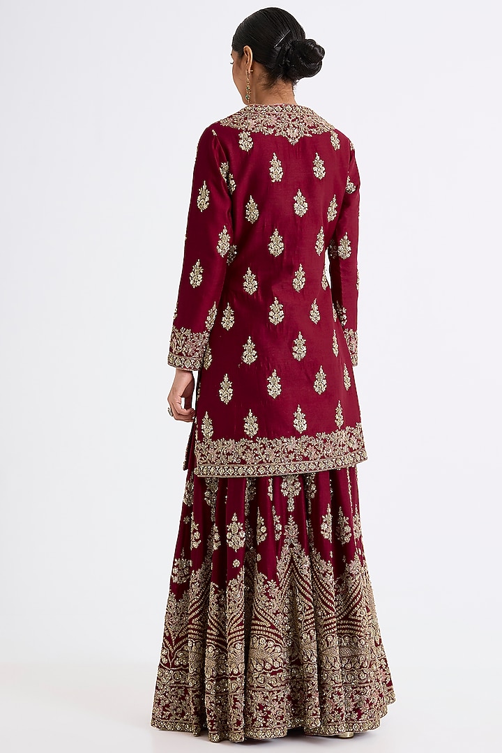 Wine Chanderi Silk Zardosi Embroidered Bridal Sharara Set by Kalighata at Pernia's Pop Up Shop