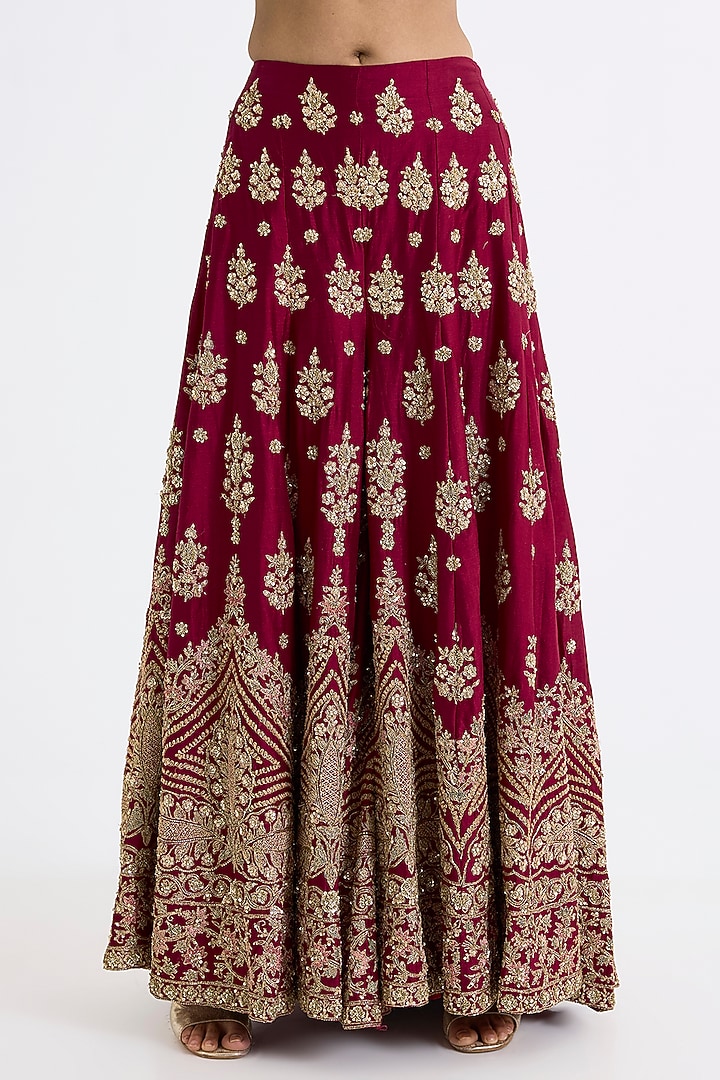 Wine Chanderi Silk Zardosi Embroidered Bridal Sharara Set by Kalighata at Pernia's Pop Up Shop